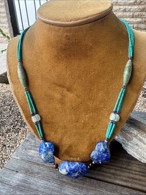 Turquoise Lapis and Jade Beaded necklace